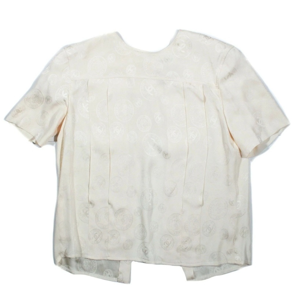 Vintage Chanel cream white silk blouse short sleeves gold cc buttons